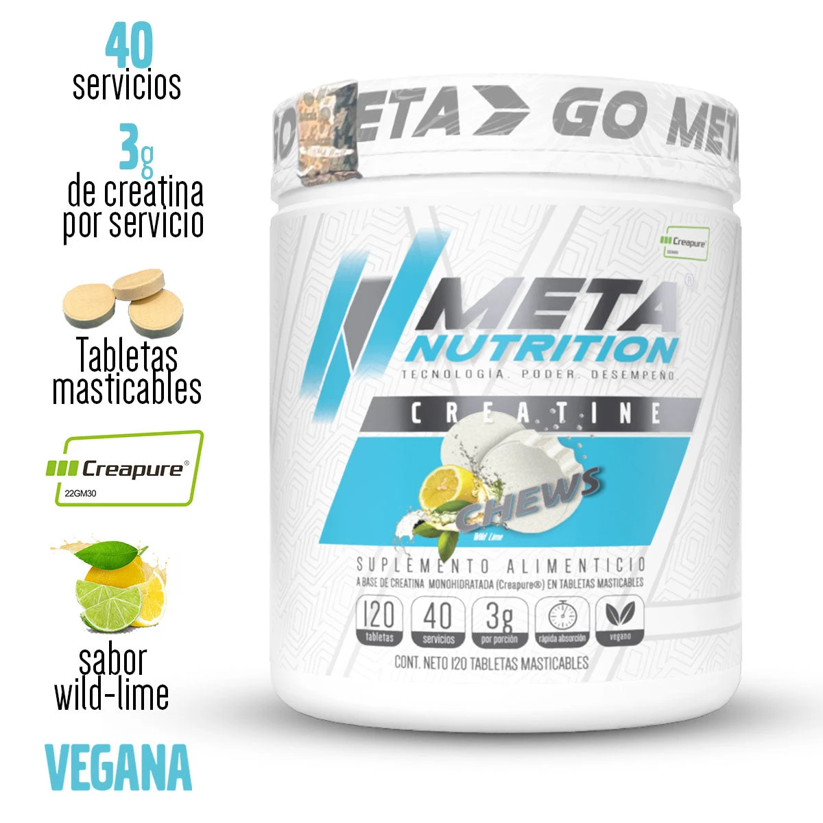 META CREATINE CREAPURE 120 TABS MASTICABLES WILD LIME