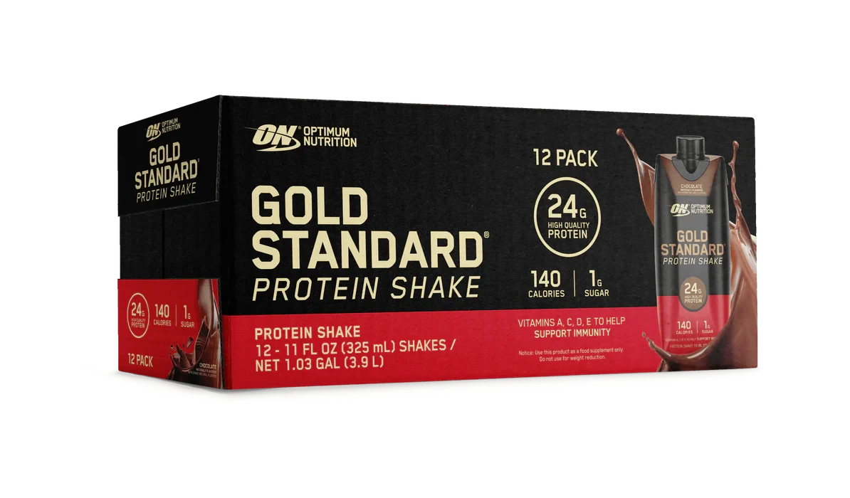 ON GOLD STD 40 GRS PROTEIN SHAKE 14OZ 12 PACK CHOCOLATE *OFERTA*