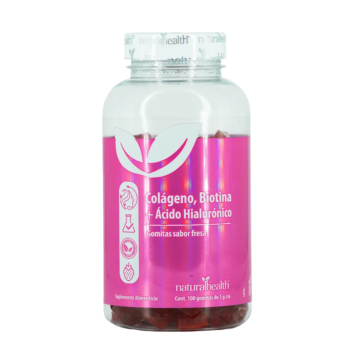 NATURAL COLÁGENO, BIOTINA + ÁCIDO HIALURÓNICO 100 GOMITAS SABOR FRESA