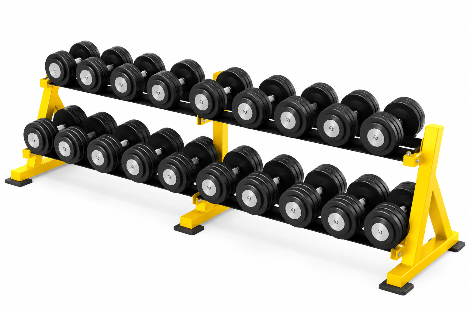 Rack con 10 pares de mancuernas de 22 a 40 kgs.