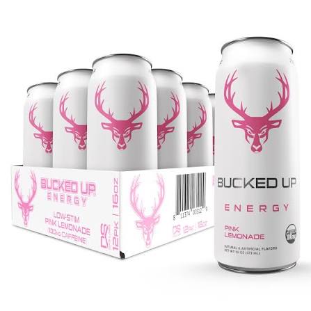 BUCKED UP LOW STIM ENERGY DRINKS 16OZ 12PK PINK LEMONADE CAD 10/26 **OUTLET**
