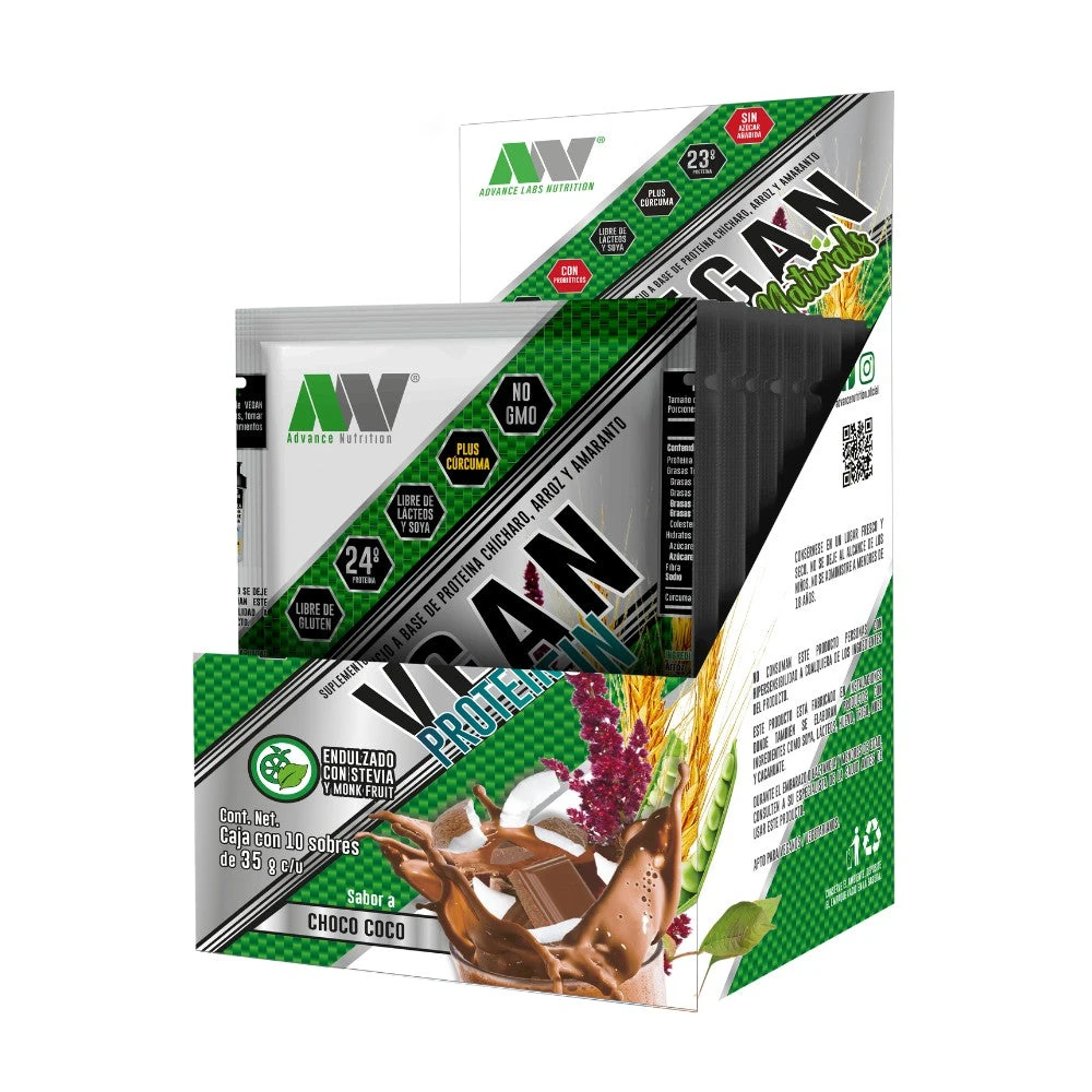 ADV VEGAN PROTEIN NATURALS CAJA CON 10 SOBRES 35 GR C/U CHOCO COCO